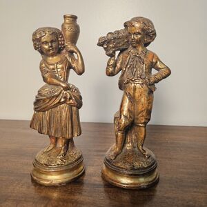 Pair Vintage Gold Borghese Boy Girl Figurines Hollywood Regency Old World 9”